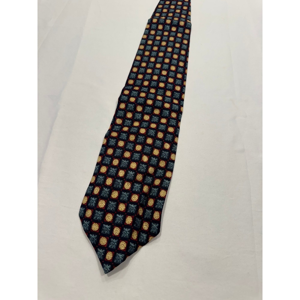 Valentino Tie Silk Geometric Medallion Hand Made Italy Navy Red Gold OS Exc